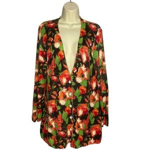 J. Jill Floral V-Neck Waffle Knit Long Cardigan Sweater Button Front